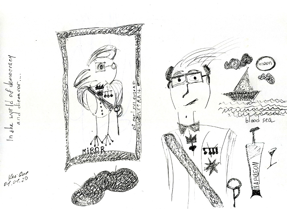 Король Швеции Карл XVI Густав и Попугай Nobel Prize - Рисунок Ket Gun